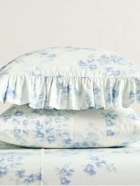 (2) LoveShackFancy Floral Ruffles Ikat Meadows Light Blue Pillowcases ~Coquette